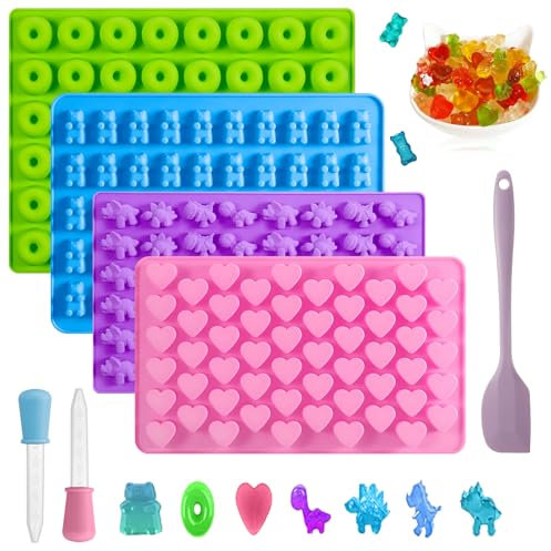 Jostift Gummibärchen Form 4 Stück Bonbon Formen Silikon Schokoladenform Silikonform Herz Süßigkeiten Formen Eiswürfelformen Bonbonform mit 2 Pipetten 1 Spatel