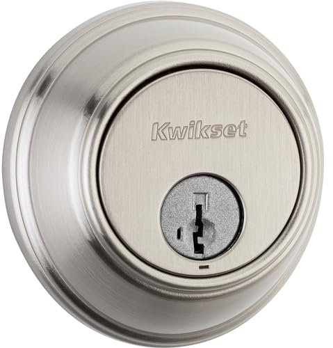Kwikset 817 Cerradura con pestillo, redonda, níquel satinado, llave exterior, puerta de entrada, resistente a la manipulación, protección de llaves SmartKey, de 1 solo cilindro, protección Microban