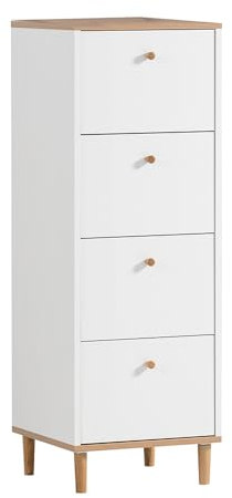 Lomadox Kommode mit 4 Schubladen weiß matt mit Eiche Schrank Schubladenschrank Schubladenkommode Hochschrank Highboard