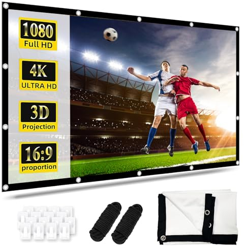 Pantalla de Proyector 100 Pulgadas, Pantalla de Proyección Full HD 16:9, Pantalla 3D Plegable Antiarrugas 221 x 125 cm, Proyección 4K a Doble Cara con Ganchos, Cuerdas para el Hogar, Escuela