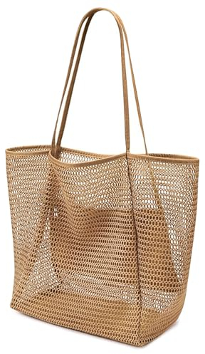 Bekeify Sac de Plage en Maille pour Femme, Sac à Bandoulière Unique avec Poche Intérieure Zippée, Grande Sac de Courses Famille Pliable, pour Plage, Voyage, Piscine