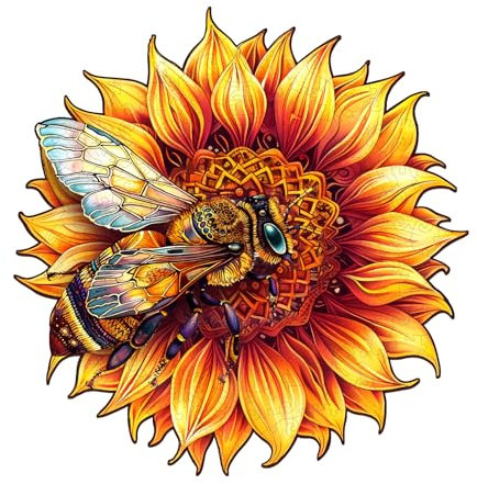 Holzpuzzle Erwachsene, 34x33cm Sonnenblume Holzpuzzle für Erwachsene, Holz Puzzle Erwachsen, Unregelmäßige Einzigartige Puzzle, Holz Puzzle Mit Holzbox (Biene und Sonnenblume - 260stk)