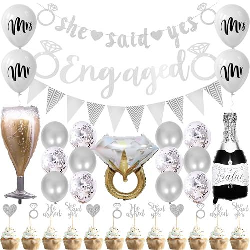 Silberne Verlobungsparty-Dekorationen, She Said Yes Banner, Glitzer He Asked She Said Yes Cupcake Topper, Diamantring Folienballon, Weinflaschen-Folienballon, Mr Mrs bedruckte Luftballons