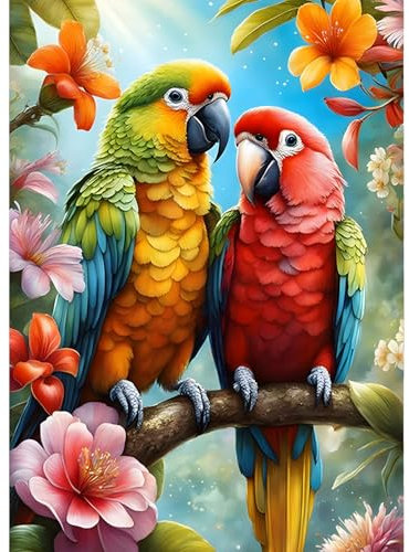 QINRUBB Papageien Diamond Painting Erwachsene, 5D Blumen Diamant Painting Bilder Anfänger, DIY Vögel Runder Vollbohrer Diamanten Malerei Stickerei Set Kreuzstich Geschenke Home Wand Dekor 30x40cm