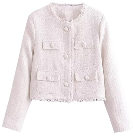 Juankrynord Abiti e Tessuti da Donna Giacca Elegante in Tweed con Bottoni Blazer con Bavero Sottile Giacca Casual da Lavoro abbottonata Cappotto in Tweed Vintage (Bianco, M)
