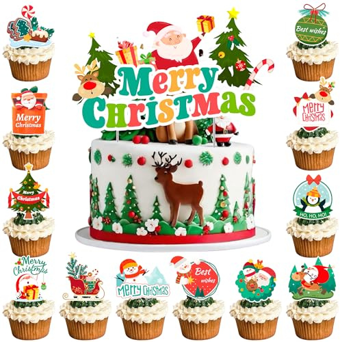 Weihnachten Kuchendekoration, 13 Pcs Cake Topper Weihnachten Party Set, 1 Big Weihnachtskuchen Topper, 12pcs Cupcake Topper, Perfekt für Weihnachtsmottoparty, Weihnachtsfeier für Kinder