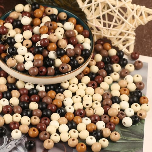 HERZONE 1000pcs holzperlen runde 8mm Holz Perlen zum Auffädeln für DIY Schmuck Herstellung (dunkel-8mm)