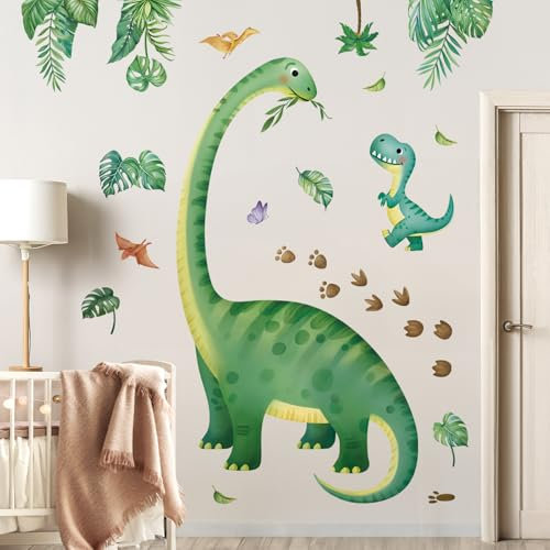 decalmile Wandtattoo XXL Dinosaurier Groß Wandaufkleber Dino Baby Tropisch grün palmenblätter Wandsticker kinderzimmer Jungen Schlafzimmer Babyzimmer Wanddeko