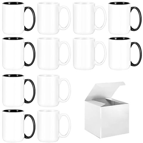 TANGLONG Set di 12 tazze da caffè a sublimazione da 450 ml, tazze da caffè a sublimazione da 450 ml, tazze vuote Tazas Para sublimare, 6 tazze bianche e 6 nere
