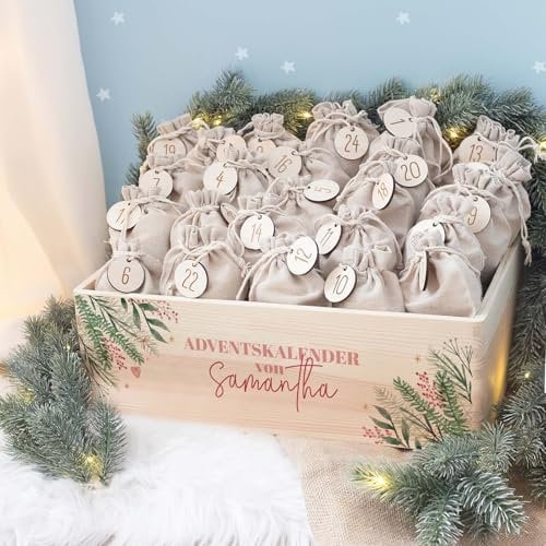 Personalisierte Adventskiste - Adventskalender aus Holz mit Namen - Gravur Kalender DIY - Weihnachtskalender für Kinder - hello mini (Zweige Ecke)