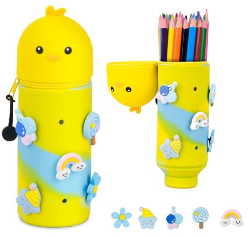 MOWETOO Trousse Kawaii 2 en1 en Silicone Souple, Trousse Crayons en Silicone Zippée, Trousse Porte-Stylo de Table, pour Étudiant Scolaire Cadeaux Rentré