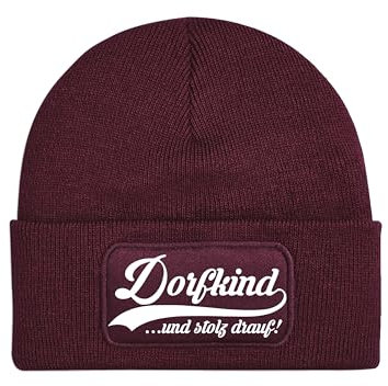 NIMAMA Mütze Beanie Dorfkind Wintermütze Statement Spruch Print Geschenk Unisex Strickmütze für Herren & Damen - Burgund