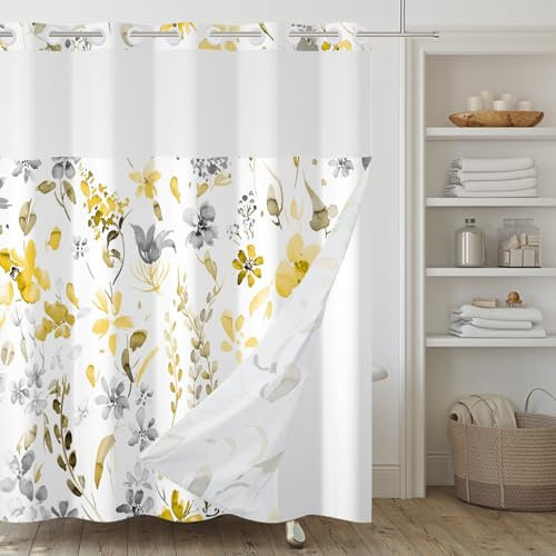 Yanutan Duschvorhang ohne Haken, doppellagiger Duschvorhang mit einrastbarem Futter und Gewichten, Wasserkoor-Blumenblätter, Stoff, Badvorhang mit durchsichtigem Netz, 180,3 x 188 cm, Gelb / Grau
