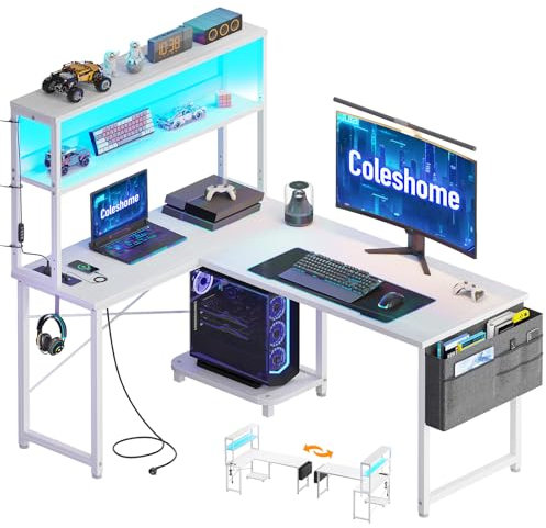 Coleshome Scrivania Gaming con LED e prese, 115 × 80 cm Scrivania Gaming Angolare Reversibile con scaffali portaoggetti, Scrivania Angolare con borsa portaoggetti per Giocatori, Bianco