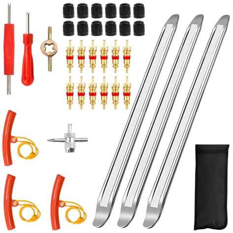 Cudeyrey 35 Stück Reifenheber Reifen Montiereisen, 30 cm Reifenmontierhebel, Reifenmontage Werkzeug, Montierhebel Reifen, mit 4 Felgenschützern, Reifenventil Kit, für Motorrad, Fahrrad, Auto