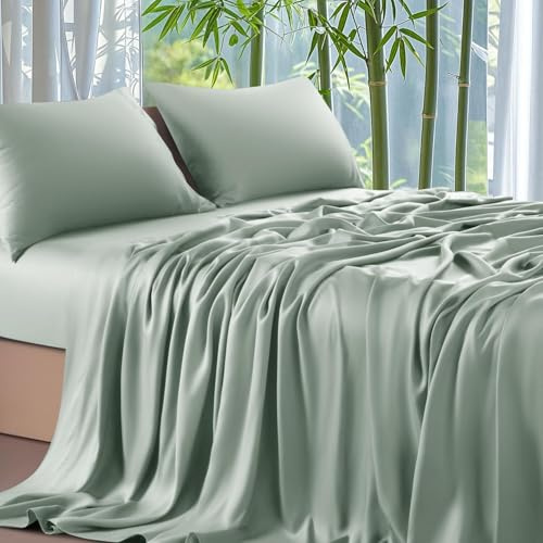 Bambou Spannbettlaken, 90 x 200 cm, salbeigrün, Umschlag 30 cm, einfarbig, Spannbettlaken, Lyocell, Seide, glatt, atmungsaktiv, für dicke Matratzen, hypoallergen, bügelfrei, elastischer Saum, kann bis