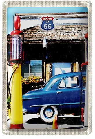 Retro Blechschild | Route 66 | Vintage Auto & Tankstelle | Nostalgie Deko | 30 cm x 40 cm
