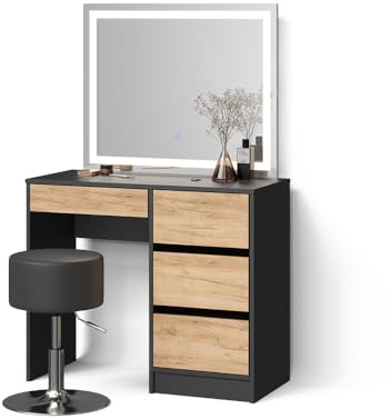 Livinity Schminktisch Imola Anthrazit/Goldkraft Eiche | mit LED-Spiegel und Hocker