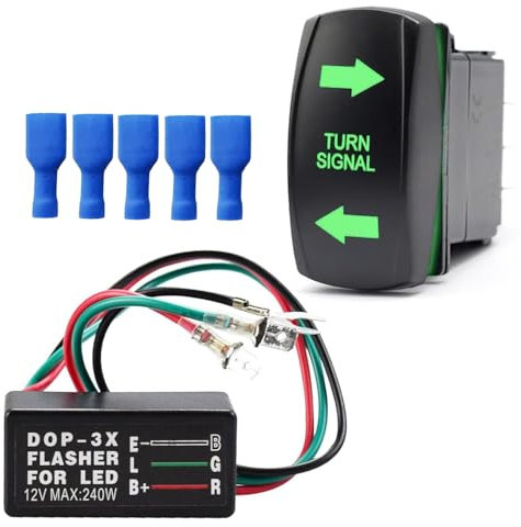 Greluma Blinkerschalter mit Blinkrelais Kit, 4 polige EIN AUS Wippschalter, grüne LED, lasergeätzte SPDT 12V/24V Überbrückungskabel für ATV, UTV, Traktor, Motorrad