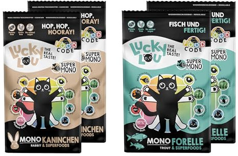Lucky Lou Adult Trockenfutter für Katzen - Food Code Katzenfutter trocken für ausgewachsene Katzen, ohne Getreide & Zucker (750 g (4er Pack), Mono Forelle & Kaninchen)