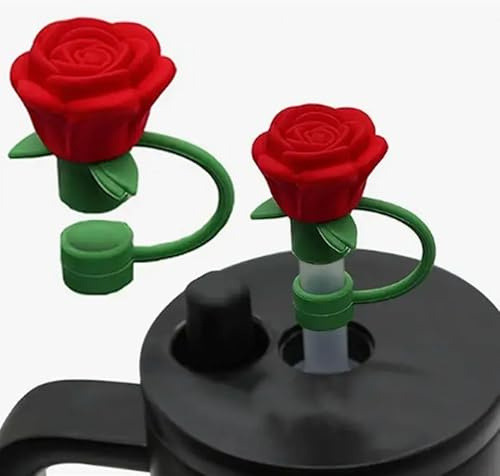 10mm Rose Flower Straw Covers for Stanley Cup,Topper,Silicone Cover Dust Proof Plugs Protector,Flower Straw Tips Drinking Dust Cap for 30&40 Oz Accessories (Red)