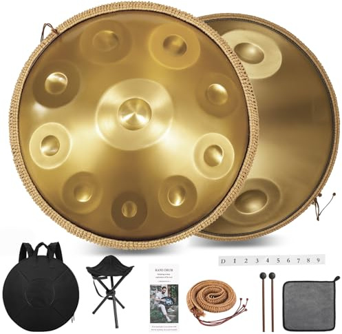 Derlvbak 12 Töne Handpan Instrument, 22 Zoll Gold Hand Pan Drum Steel Tongue Drum Zungentrommel für Yoga, Meditation mit Handtaschen Trommelstöcken, Trommelständer, Lappen (440HZ)