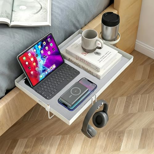 Ecofocet Hängender Nachttisch, Nachttisch, Hochbett, inkl. Getränkehalter, Tischset, Haken und Clip für Datenkabel, für Bett, Sessel, Sofas, Fenster