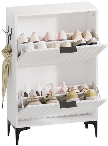 Yorbay Zapatero Estrecho Basculante de Entrada: 2 Puertas para 8-12 Pares | Para Zapatillas y Botas-Entrada y Apartamento-2 Ganchos y Compartimentos Ajustables para Fácil Acceso-Blanco