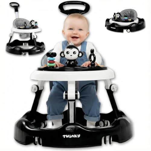 Twinky Girello con set da gioco e tappetino da pavimento, resistente aiuto per camminare con 4 posizioni regolabili, ideale come aiuto per camminare per i primi passi del tuo bambino (Nero)