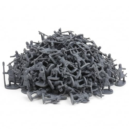 200 Pcs Grey Army Men Set, Mini Toy Soldiers Figures with Detailed Sword, Shield, Axe & Bow Designs, Battle Figures for Creative Play & Display