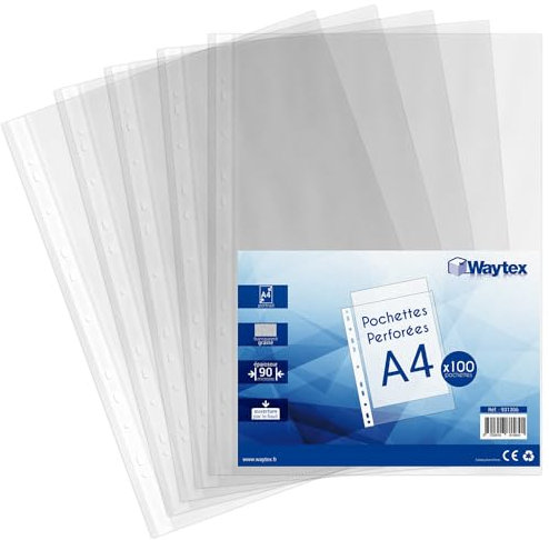 Waytex 931306 Prospekthüllen A4 genarbt transparent 90 mic, 100 Stück