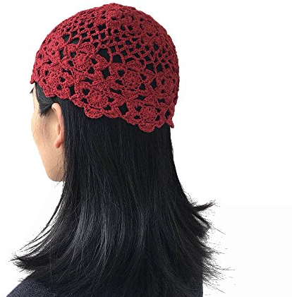 EurHouse Strickmütze für Mädchen und Damen, Sommer, Winter, Häkelmütze, Blumen-Mütze, 100 % handgefertigt, weiche Baumwolle Gr. Einheitsgröße, burgunderfarben