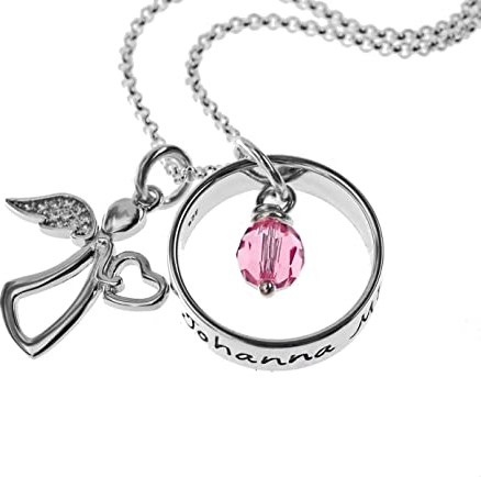 Silber Taufring mit Gravur, Monatsstein, Geburtsstein, Engelanhänger, personalisierte Geschenke Taufkette