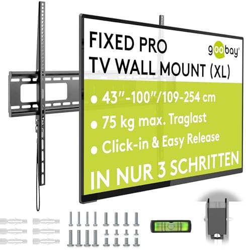 goobay 49892 Soporte de Pared para TV Pro Fixed (XL), 43 a 100 Pulgadas (109-254 cm), 75 Kg, Montaje fácil y Seguro, Vesa Standard, QLED/LED, Negro