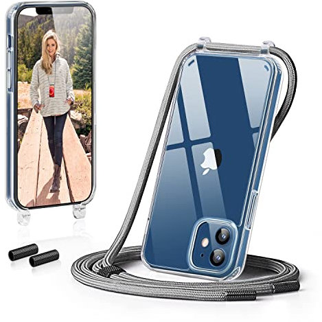 GOODVISH Handykette kompatibel mit iPhone 12 und iPhone 12 Pro 6,1 Display,Necklace Hülle mit Band Handyhülle für zum Umhängen,Transparent Case mit Schnur Schutzhülle mit Kordel, Silber