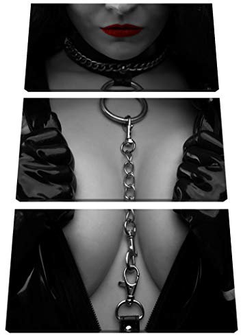 Pixxprint Strenge Domina rote Lippen mit Halsband, Leinwandbild 3 Teilig, Gesamtmaß: 120x80cm, Wandbild, Dekoration, fertig gespannt, Kein Poster
