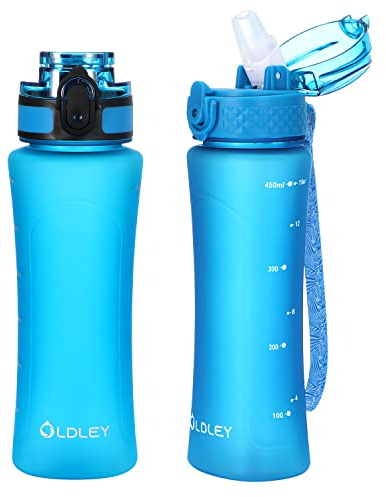 OLDLEY 450ml/15oz Water Bottle with Straw 2 Lids Reusable Drink Bottles with Times Markings for School Home Camping Outdoor Sports BPA Free Leakproof Durable