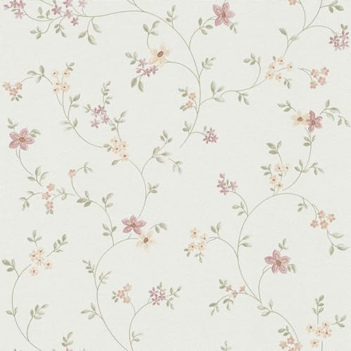 Profhome Floral Wallpaper 937701-GU Non-Woven Wallpaper White Green Cream Dusty Pink 0.53 m x 10.05 m / 5.33 sqm