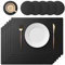 KERYCHIN 6 Silicone Placemats + 6 Round Washable Coasters Set, Heat Resistant 450°F, Non-Slip Leaf Pattern Design, Easy to Clean for Kitchen, Restaurant, 40 x 30 cm, Black