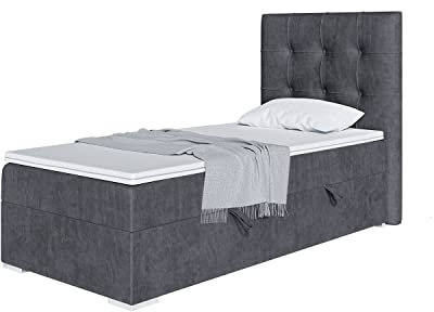 MEBLINI Boxspringbett mit Bettkasten - Gepolstert Einzelbett mit Matratze und Topper - Polsterbett mit Stauraum - Bett mit Kopfteil - Stauraumbett - Deniz - 80x200 Links - H3/Dunkelgrau Samt