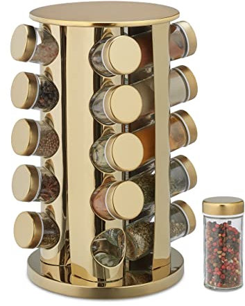 Relaxdays Gewürzregal mit 20 Gewürzgläsern, mit Streueinsatz, 360° drehbar, Gewürzkarussell, Edelstahl, gold/transparent