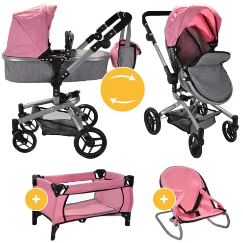 Bandits and Angels Moderner Angel 4-in-1 Softpink Megapack Puppenwagen ab 3 Jahren für Mädchen – Spielzeug-Kinderwagen, Buggy, Puppenbett und Wippe – Rollen – mit Wickeltasche – Puppenwagen Hellrosa