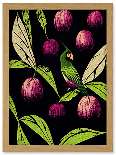 Wee Blue Coo Parrot in Tree Fruit Bright Green and Purple Black Colour Linocut Illustration Modern Vintage Artwork Framed Wall Art Print A4