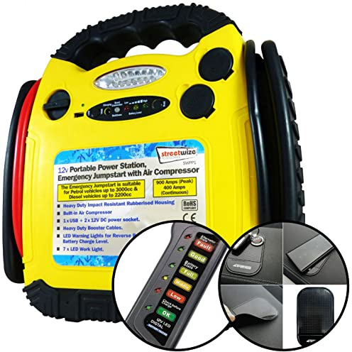 4TRESS PP1 Portable Power Pack - 900 Amp Emergency Jump Starter with 260 psi Air Compressor, 12 V Battery, Adapter Kit, LED Warning Lights with Car Battery Alternator Tester and Non Slip Car Dash Mat