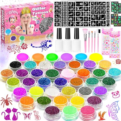 Frasheng Glitzer Tattoo Set - 41 Glitzerpulver, 136 Schablonen, 218 Strasssteine, 40 Leucht Aufkleber für Kinder und Party