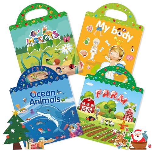 GUYUCOM 4 Pack Stickerbuch ab 2 3 4 5 6 Jahre Sticker Book Set Meerestiere Körperteil Insekt Bauernhof Spielzeug für Kinder Lerngeschenke Kinderspielzeug Weihnachten Geburtstag Geschenke