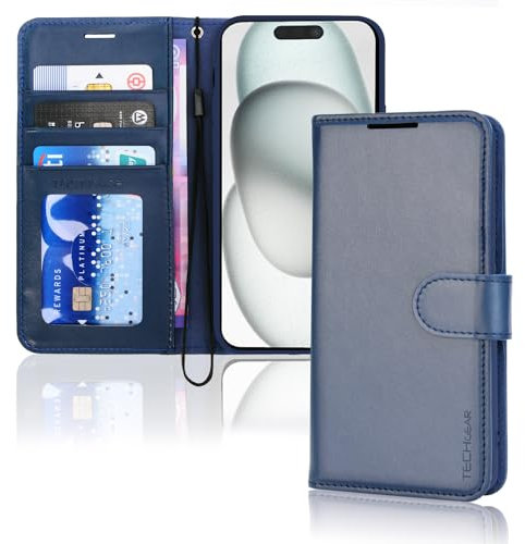TECHGEAR iPhone 15 Leather Wallet Case, Flip Protective Case Cover with Wallet Card Holder, Stand and Wrist Strap - Blue PU Leather with Magnetic Closure for iPhone 15 6.1