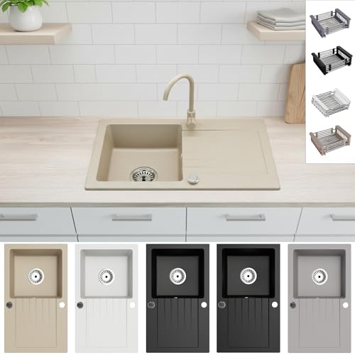 Faizee Home | Granitspüle 75x44 cm Beige – Beidseitig montierbare Einbauspüle aus Granit für moderne Küchen | Inkl. farblich passendem Spülkorb & Siphon-Set
