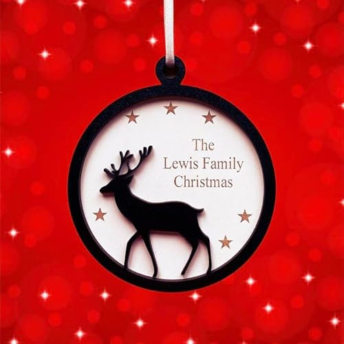 Personalised Wooden Reindeer 3D Christmas Tree Decoration. Option for boxed gift. Add 1 Surname. Ribbon. AgiftforyouUK RDBW