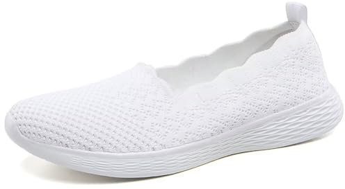 Puxowe Damen Slip On Sneaker Leichte Atmungsaktiv Sportschuhe Turnschuhe Bequem Freizeitschuhe Walking Schuhe Outdoor Fitness 42.5 EU White